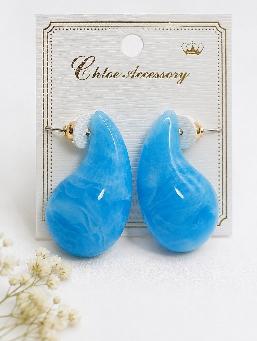 Vtg Style Blue Teardrop Statement Earrings Marbled Acrylic Blue Teardrop Resin